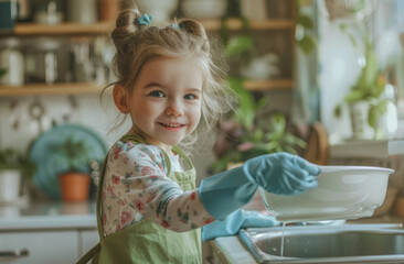 Cute girl in a green apron and blue gloves washing dishes at home, smiling. The concept of children helping around the house as a family activity