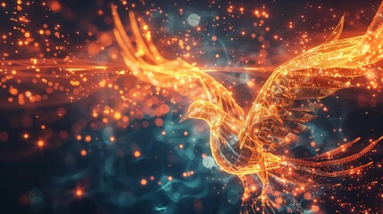A digital phoenix symbolizing the recovery of a network from a catastrophic cyber event