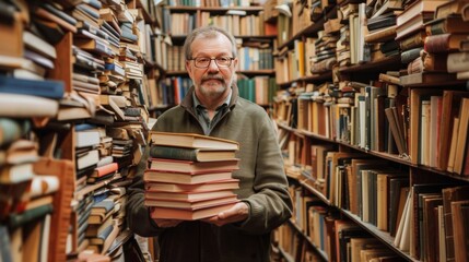 A portrait of a Linguist holding a stack of books surrounded by shelves filled with references on language history illustrating their vast knowledge and expertise in the field. .