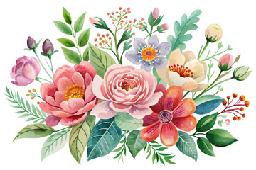 Watercolor painting of charming flowers in vibrant hues on a white background.