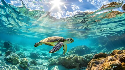 Obraz premium Creative unique oceans animal digital art. Sea turtle swimming blue green tropical water, beautiful underwater sea marine life cartoon background, fantasy surreal dreamy 3d render illustration.