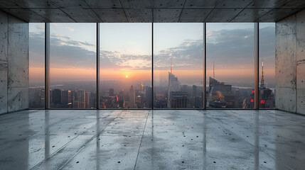 sunset in the snow,
Empty cement floor with city view