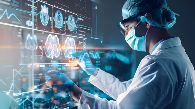 Medical technology future augmented reality background. Doctor surgeon interact 3D graphic user interface VFX hologram data patient brain record on touch screen, healthcare research network connection
