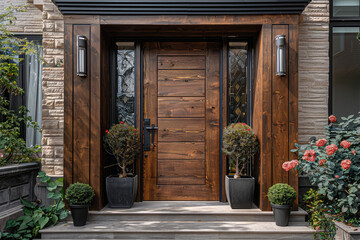  Wooden double doors with geometric patterns on the door frame, flanked by potted plants and large windows. Created with Ai