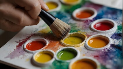 Obraz premium A close-up of an artist's hand holding a brush, dipping into vivid watercolor paints Generative AI