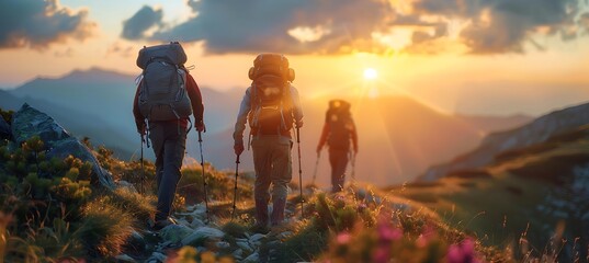 "Sunset Adventure: Group Hiking in the Mountains"