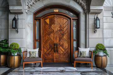 Naklejka premium A stunning front door with geometric wood patterns, flanked by potted plants and framed windows, leading to an elegant entrance in the heart of Antalya. Created with Ai