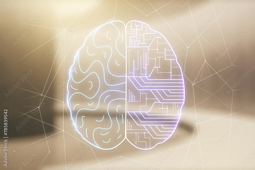 Aufkleber double exposure of creative artificial intelligence interface on empty modern office background. neu