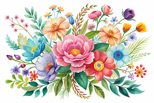 Watercolor flowers bloom with vibrant hues on a pristine white canvas.
