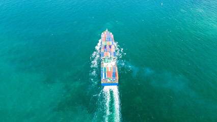 Top view Cargo Container ship the ocean ship carrying container and running for import export concept technology freight shipping by ship . aerial top of Container Vessel running in green sea