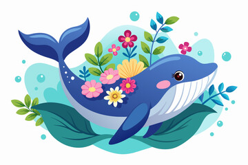 A charming whale adorned with vibrant flowers swims gracefully against a pure white backdrop.