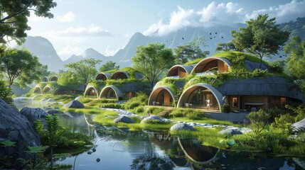 Sustainable Eco-Village Concept Art with Renewable Resources