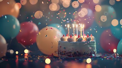 Joyous Birthday Cake and Balloons in Vibrant Lighting - obrazy, fototapety, plakaty