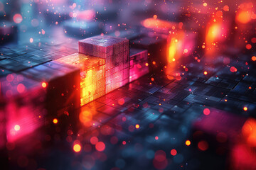 A closeup of glowing data blocks on an abstract background, symbolizing the futuristic and technological aspects of big rig's web design services.  Created with Ai - obrazy, fototapety, plakaty