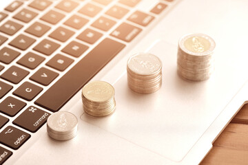 The growing coins placed on laptops