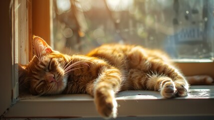 A cat lounging on a windowsill, basking in the sunlight, illustrating a moment of relaxation and...