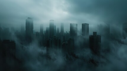 A city skyline partially obscured by thick fog, with buildings looming ghostly in the background,...