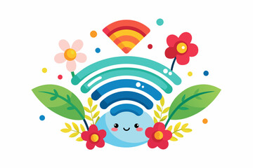 A charming cartoon Wi-Fi symbol adorned with delicate flowers against a pristine white background. - obrazy, fototapety, plakaty
