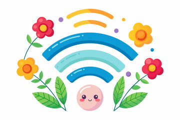 A charming cartoon Wi-Fi character with colorful flowers adorns a pure white background.
