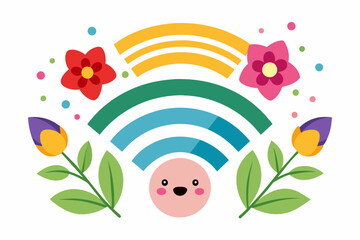 A charming cartoon Wi-Fi signal with flower embellishments adorns a white background.