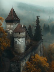 castle tower top hill panoramic above moody anxious steward new romanian heritage eerie chalet moat - obrazy, fototapety, plakaty