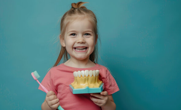 Little girl holds toothbrush and dental model on blue background, laughing child holding a teeth toy with a green rubber pin or broom in hand
