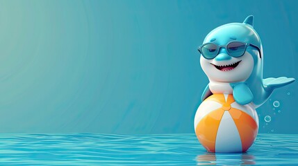 banner background National Dolphin Day theme, and wide copy space, A cartoon dolphin wearing sunglasses, sitting on a beach ball, and smiling, 