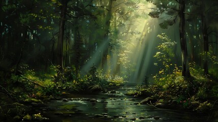 stream forest sunbeams trees furry bright young haunting brush strokes shining - obrazy, fototapety, plakaty