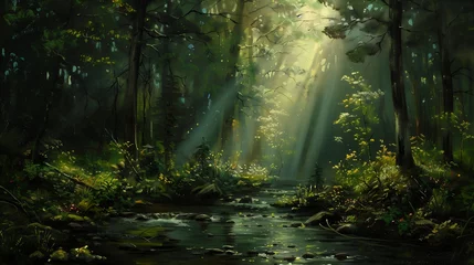 Foto op Canvas stream forest sunbeams trees furry bright young haunting brush strokes shining © Cary