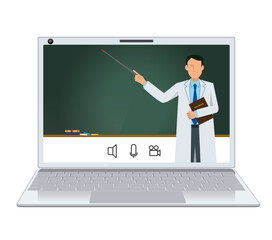 オンライン授業のイメージイラスト　フラットデザインの白衣を着た日本人男性　医師ドクター。ビデオ会議 - 785840522