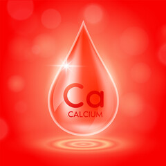 Water drop serum calcium minerals from nature on red background. Collagen solution or vitamins complex essential. For ads cosmetics medical. Vector EPS10.
