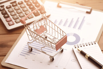 Shopping carts, calculators, and pen notebooks placed on data sheets