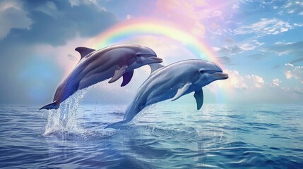 banner background National Dolphin Day theme, and wide copy space, Two dolphins jumping in unison out of the water with a rainbow in the background, for banner, 