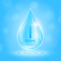 Water drop serum iodine minerals from nature on blue background. Collagen solution or vitamins complex essential. For ads cosmetics medical. Vector EPS10.