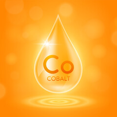 Water drop serum cobalt minerals from nature on orange background. Collagen solution or vitamins complex essential. For ads cosmetics medical. Vector EPS10.
