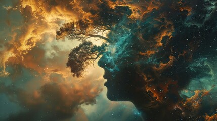 Evolution of Human Consciousness: Tree of Cosmic Connection - obrazy, fototapety, plakaty