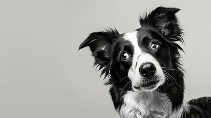 A curious Border Collie tilting its head to the side, looking intelligent and attentive.