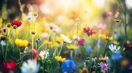 A field of colorful wildflowers blooming in the spring sunshine, showcasing the beauty of nature's renewal.