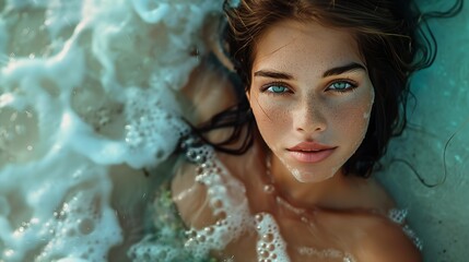 woman bathtub foamy deep eyes young best ocean freckled amazing sublime indescribable transparent attractive clear seas unbelievably fantastically
