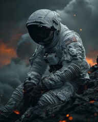 astronaut white space suit sitting pile lava anguish black clouds clothed ancient apollo lost