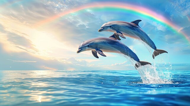 banner background National Dolphin Day theme, and wide copy space, Two dolphins jumping in unison out of the water with a rainbow in the background, for banner, UHD image 