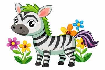 A charming zebra cartoon character adorned with flowers brings joy and delight.