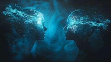 Telepathic Connection: Shimmering Bridge of Light Between Two Minds - obrazy, fototapety, plakaty