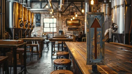 Poster Blank mockup of a rustic brewery tour sign with a handpainted wooden arrow pointing the way to the tour. . © Justlight