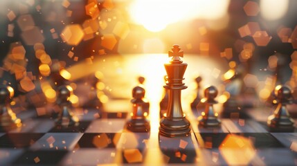 Strategy and foresight, chessboard overview, golden hour lighting, strategic depth