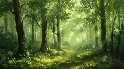 path forest trees grass young sunbeams green botany vox machine synthetic gently caressing earth close nature elf background - obrazy, fototapety, plakaty