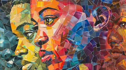 a colorful mosaic portrait showing a person whose features uniquely stand out yet harmoniously blend with the surrounding crowd, symbolizing individuality within teamwork