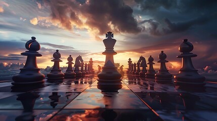 Chess queen leading a charge, low angle, dramatic sunset light, high contrast
