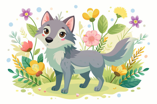 Wolves, depicted with charming cartoonish features and adorned with blooming flowers, exude an adorable and whimsical aura.