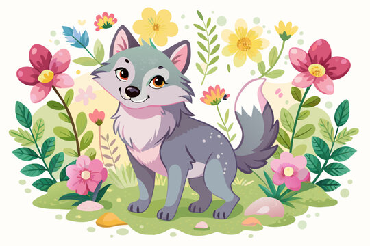 Wolves, known for their fierce nature, take on a charming and adorable appearance in this cartoon illustration, adorned with flowers that add a touch of whimsy.